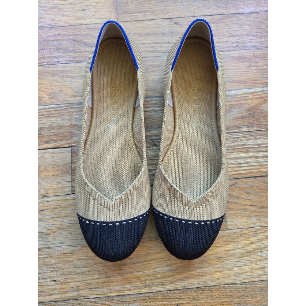 Rothys the flat tan camel black captoe blue heel stripe sz 8 shoes flats slip on